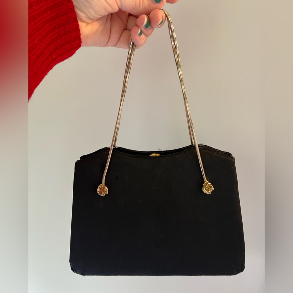 Vintage 1950s Black Purse with metal gold roses and chain